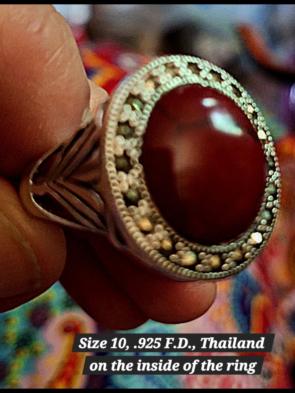 Vintage Sterling Silver .925 Carnelian & Marcasite Statement Ring Sz 10